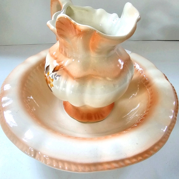 Vintage Pitcher Jug and Wash Basin bowl floral peach small - Picture 3 of 12